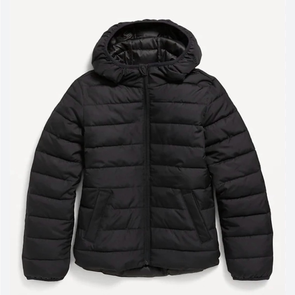 Old Navy Girls Black Hooded Water-Resistant Lightweight Puffer Jacket - Medium